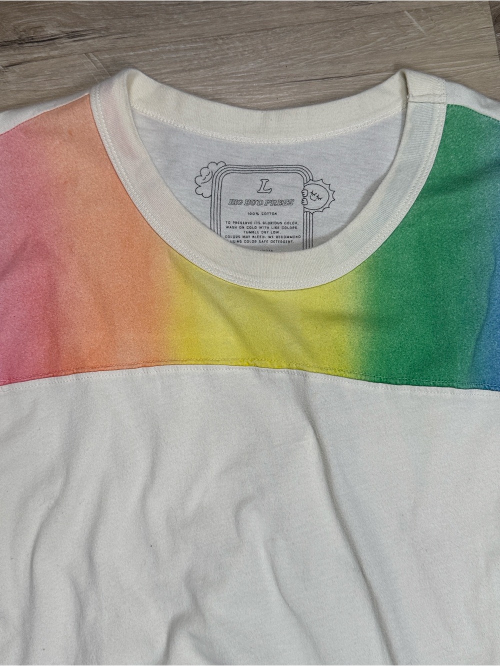 Big Bud Press White T-Shirt with Rainbow Yoke and Pink/Blue Sleeve Stripes - Picture 3 of 4